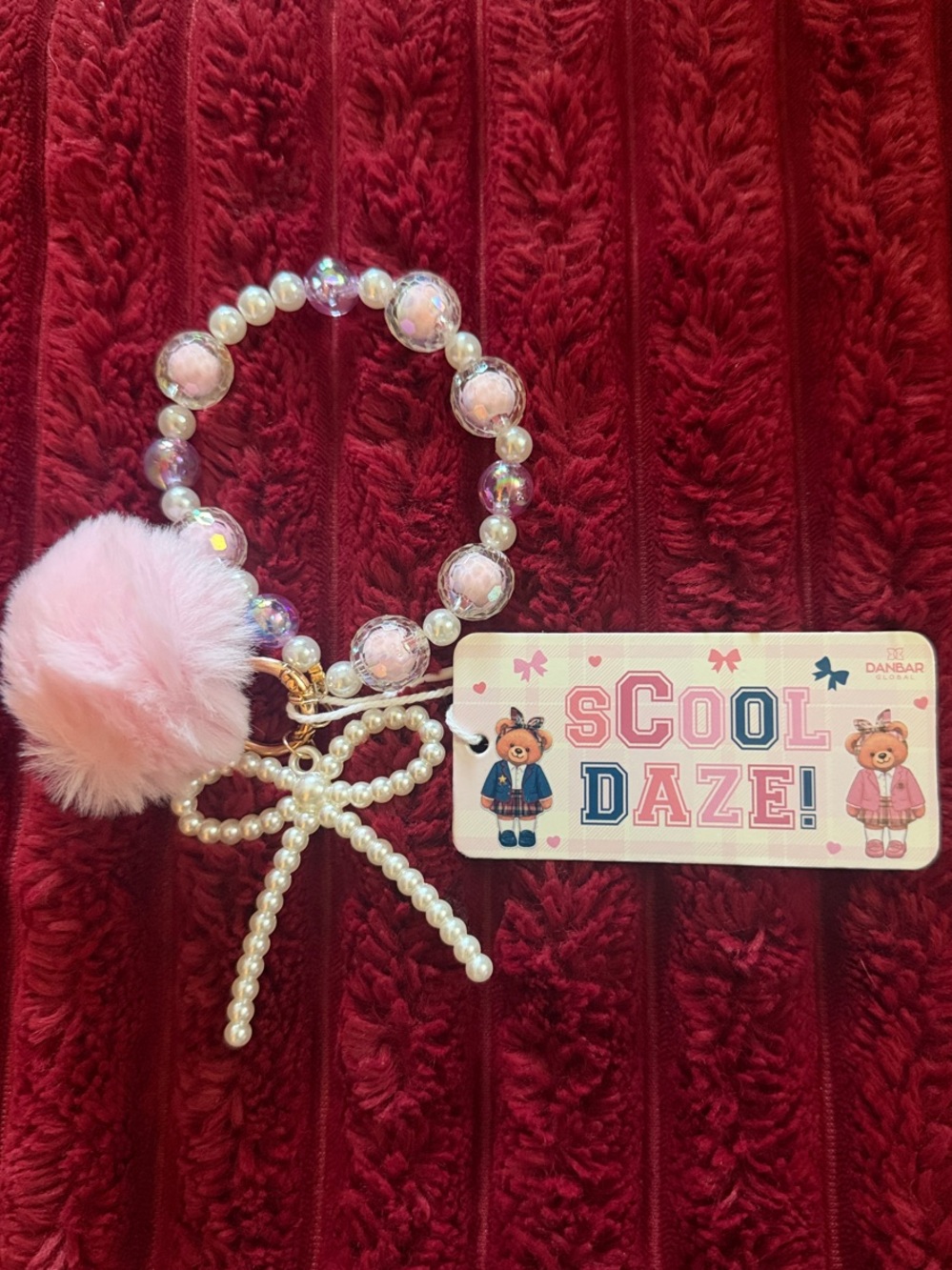 Pink Pearl Pompom Kids Bracelet Keychain -